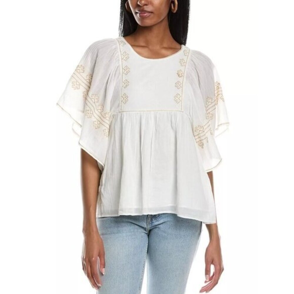 Vanessa‎ Bruno Nael Blouse Gold Embroidered Flutter Slv Boho Babydoll Top Sz S